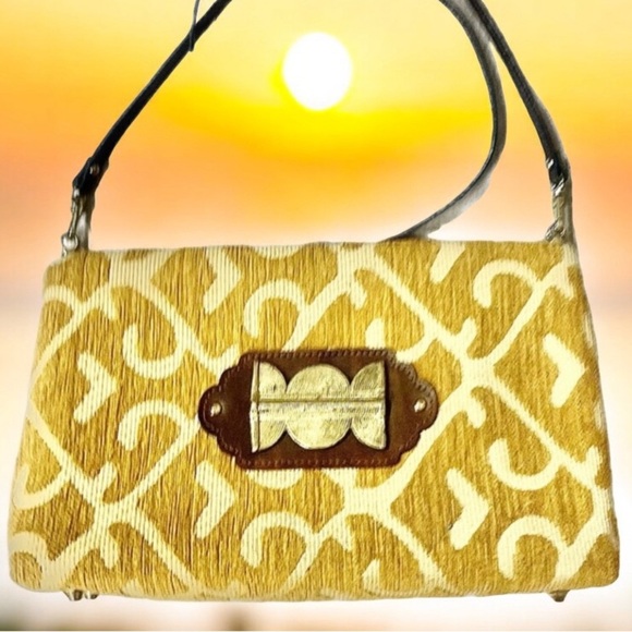 ADD LIBB Gold & Tan Tapestry Leather & Brass Clutch Shoulder Bag - Picture 5 of 9
